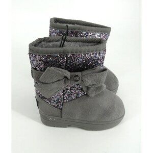 Bebe Girls Gray Glitter Bow Winter Boots Size 6 Faux Fur Lining NWT $48